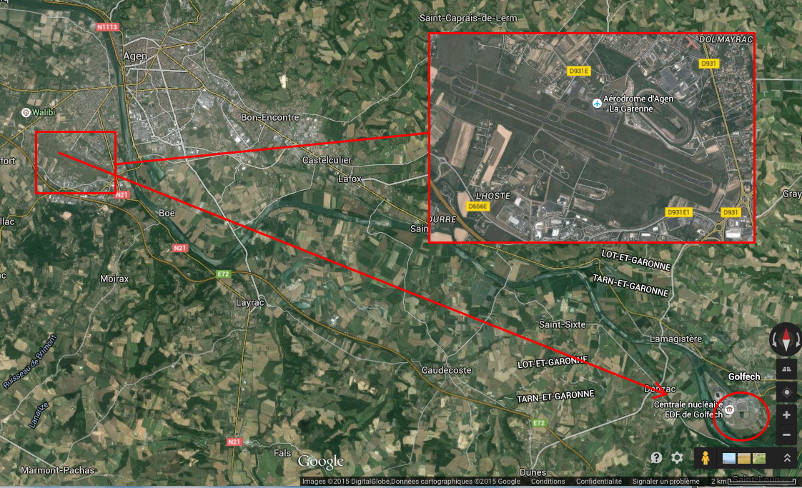 Google maps avec l'aéroport d'Agen la Garenne et la centrale dans l'axe de la piste