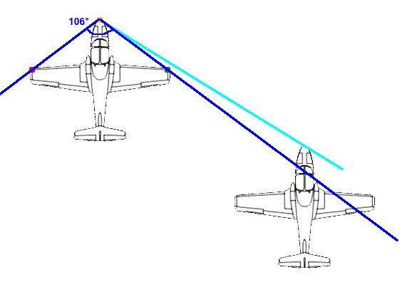 Angle formé par la lumière du nez et les deux lumières de signalisation en bout d'aile sur un Tutor, égal à 106°