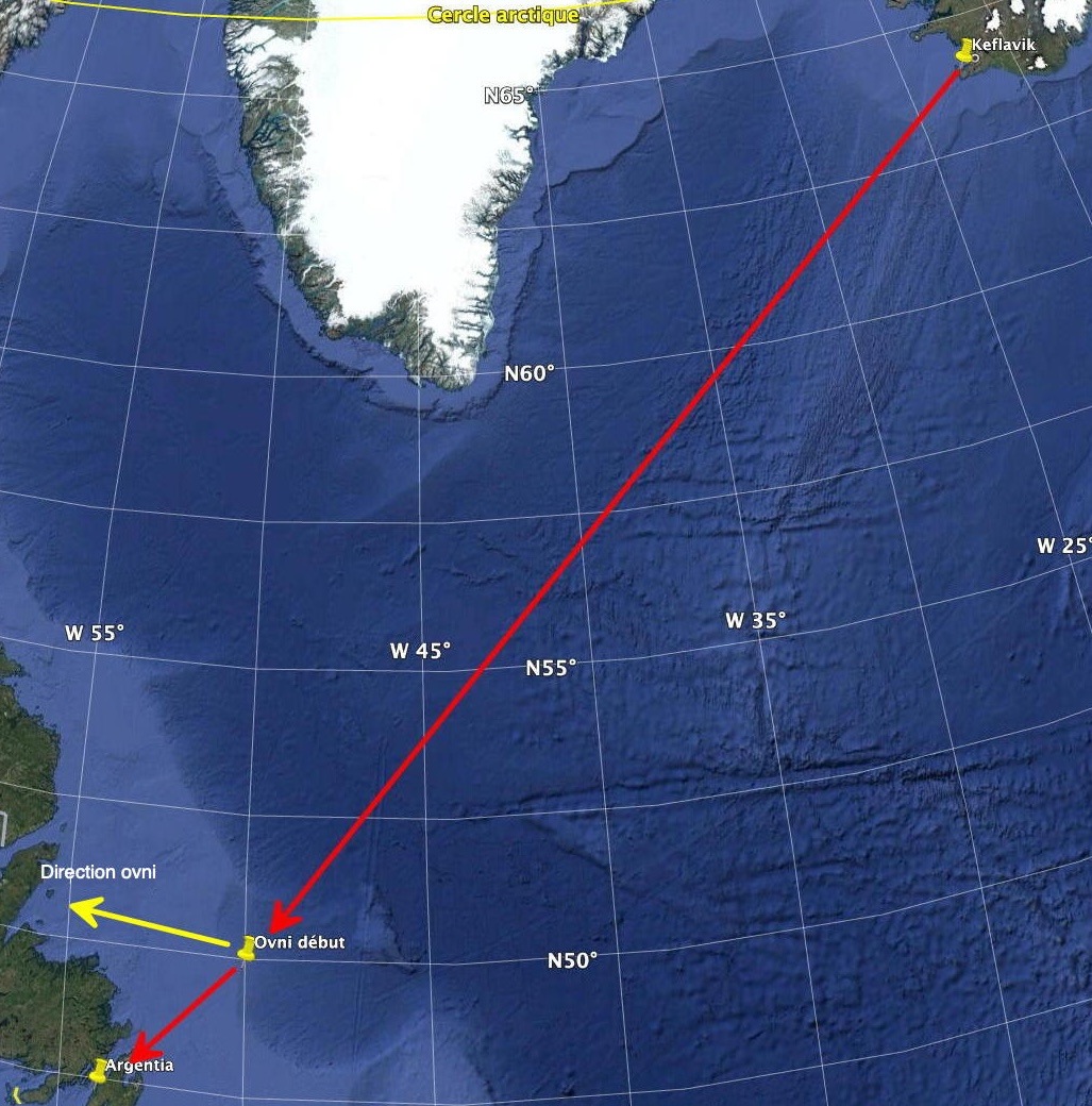 Parcours de l'avion entre l'Islande et Terre-Neuve