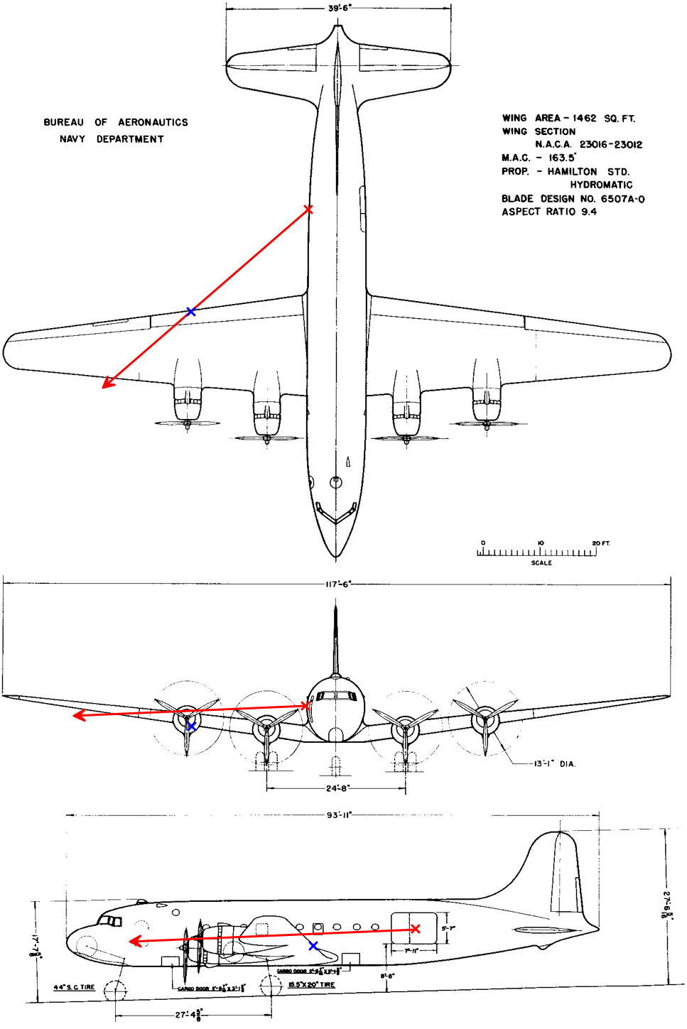 Avion vu de dessus, de face et de profil, avec les directions d'observation de la lune sur l'horizon