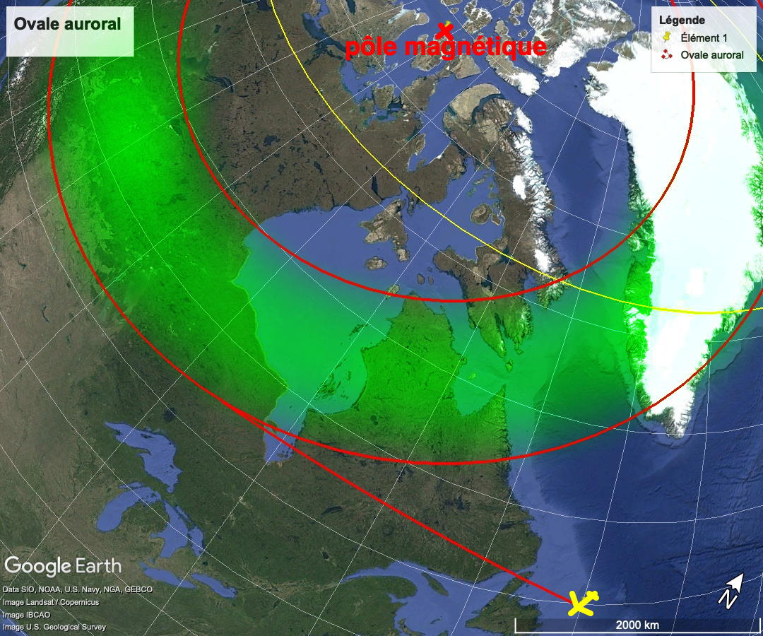La direction d'observation est à peu près tangente à la limite extérieure de l'ovale auroral, qu'elle touche à une distance d'à peu près 3000 km