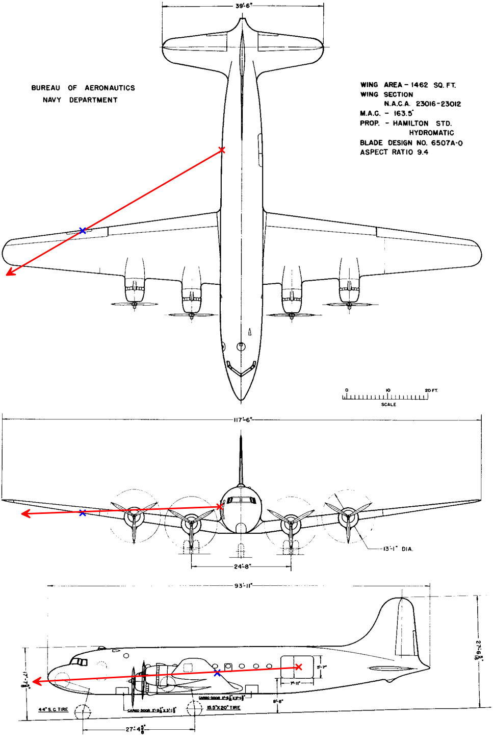 Avion vu de dessus, de face et de profil, avec les directions d'observation de lobjet sur l'horizon