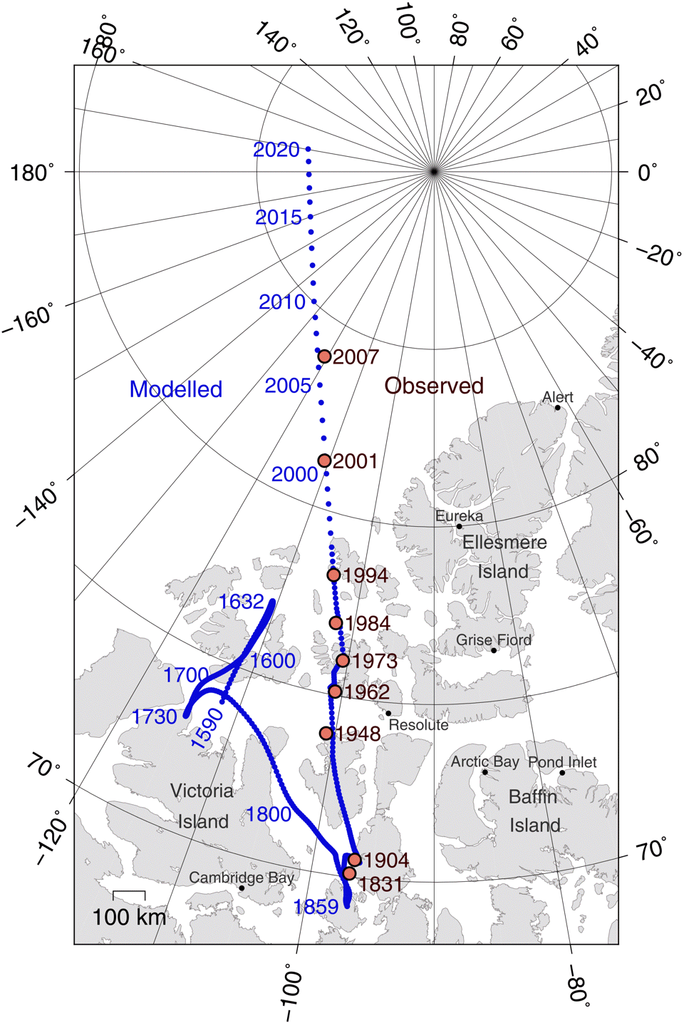 Carte du déplacement du pôle magnétique entre 1600 et 2020... Il se trouvait en 1951 a 74,5°N et 101°O