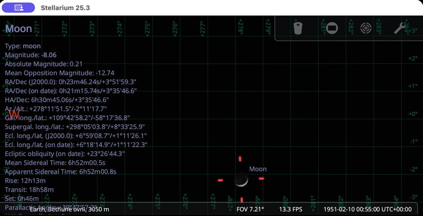 Position de la lune dans le ciel et caractéristiques, affichées avec Stellarium