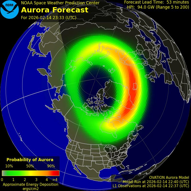 Carte indiquant les probabilités d'aurores dans un grand cercle autour du pôle magnétique
