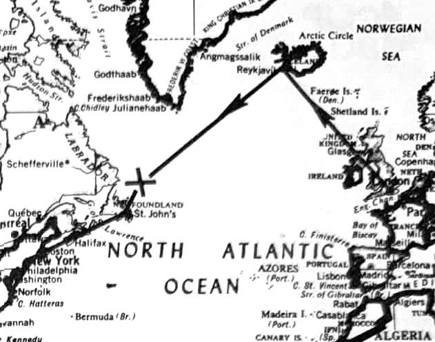Carte du parcours de l'avion entre l'Angleterre, l'Islande et Terre-Neuve