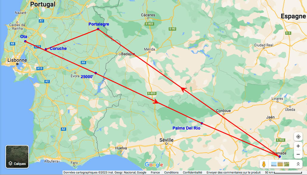 Trajectoire partant d'Ota, passant en ligne droite par le point où l'altitude de 25000 pieds a été atteinte, puis par Palma dDel Rio jusqu'à Grenade, puis effectuant un virage à presque 180° pour llze à Portalegre, puis un dernier virage vers la gauche pour aller à Coruche, non loin d'Ota