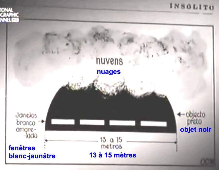 dessin similaire, avec comme précisions : nuages, objet noir, diamètre 13 à 15 mètres, fenêtres blanc-jaunâtre