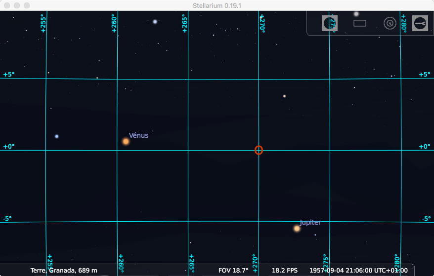 Carte du ciel de Stellarium à 21h06 à Grenade, avec Vénus très près de l'horizon et à 260° d'azimut, jumiter à plus de 5° sous l'horizon (donc invisible) et quelques étoiles beaucoup moins lumineuses