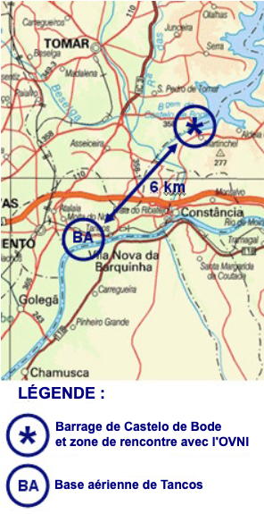 Carte avec la position du barrage de Castelo de Bode et zone de rencontre avec l'ovni, et de la base aérienne de Tancos, 6 km au sud-ouest