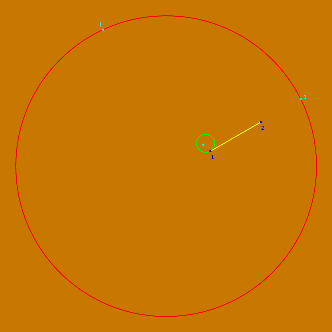 Schéma vu d'en haut avec l'orbite de l'avion de Guerra, de 450 m de diamètre, celle supposée de l'objet, de 7 km de diamètre, et la trajectoire linéaire qu'aurait pu suivre Guerra pour tenter d'intercepter l'objet