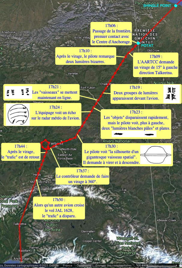 Trajectoire de l'avion: passage à la frontière de l'Alaska (Potat) à 17h06, virage de 15° à gauche à 17h09 et première observation des lumières bizarres, 17h19 apparition des deux "vaisseaux", 17h21 changement de disposition, 17h23 disparition et vue des lumères blanches pâles, 17h24 écho sur le radar météo de l'avion, 17h30 vaisseau-mère, virage à droite de 40°, 17h37 tour à 360°, 17h44 réapparition du vaisseau, 17h50 disparition alors que l'avion croise le vol United Airlines.