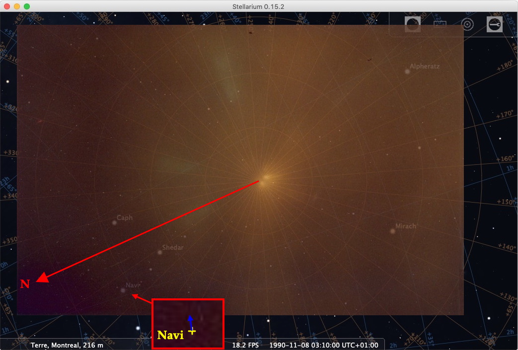 Photo superposée à la carte du ciel, il y a une petite tache allongée à proximité de l'étoile Navi