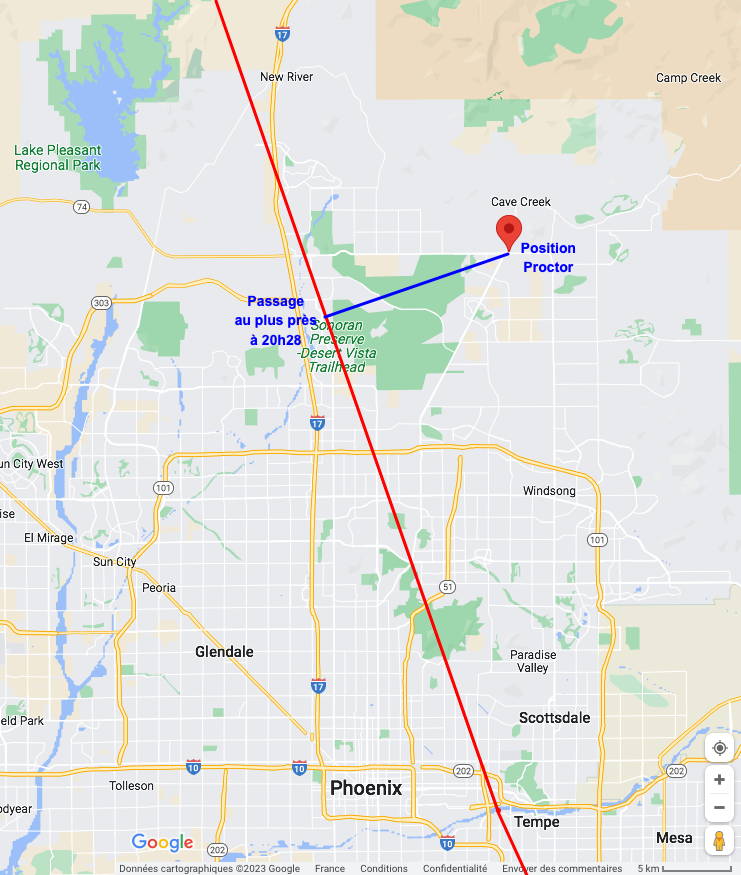 Position de Terry Proctor, au nord de Scottsdale, trajectoire des avions et direction du passage au plus près, à 20h28