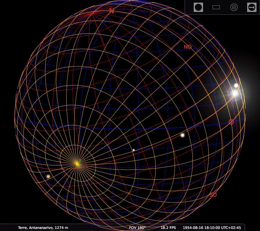 Globe terrestre inversé avec grille équatoriale, azimutale et écliptique
